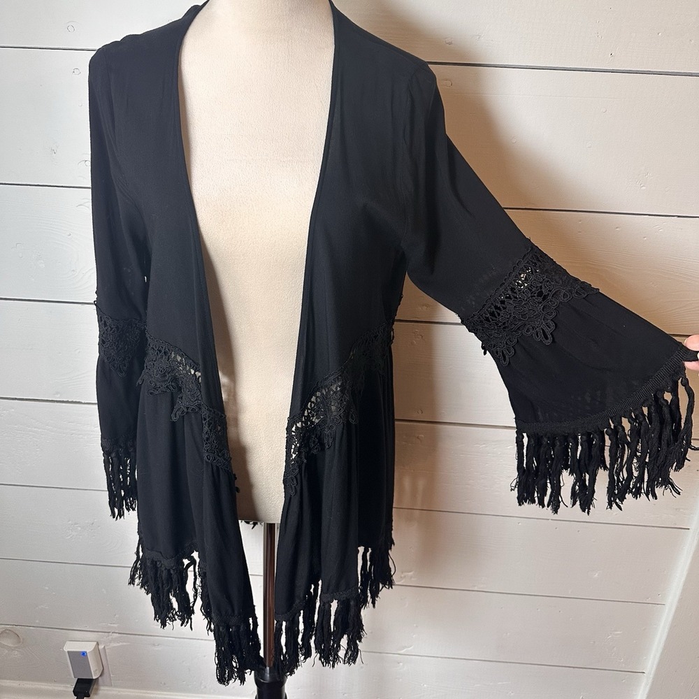 Jodifl Black Kimono Topper L Cardigan Fringe Boho Flowy Festival Whimsigoth